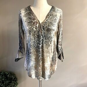 David Cline women’s abstract snakeskin pattern gold metallic shine V neck Med